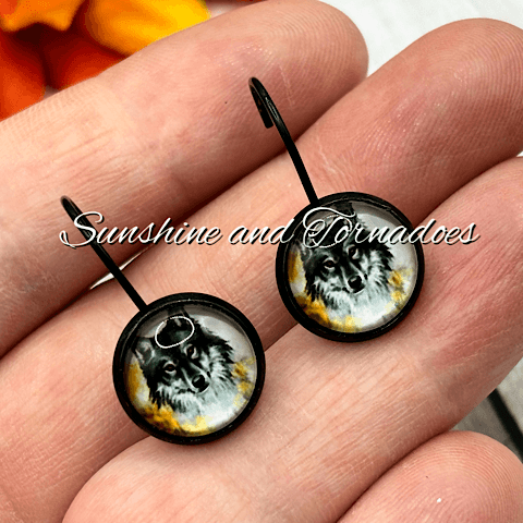 Handmade Glass Cabochon Lever Back Earrings with Wolf Aura Image in Enamelled Bezels. - Image 5