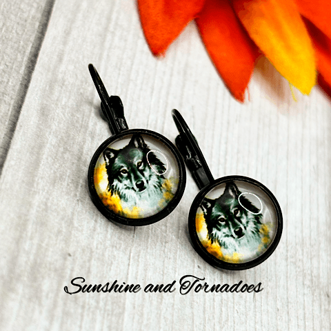 Handmade Glass Cabochon Lever Back Earrings with Wolf Aura Image in Enamelled Bezels. - Image 2