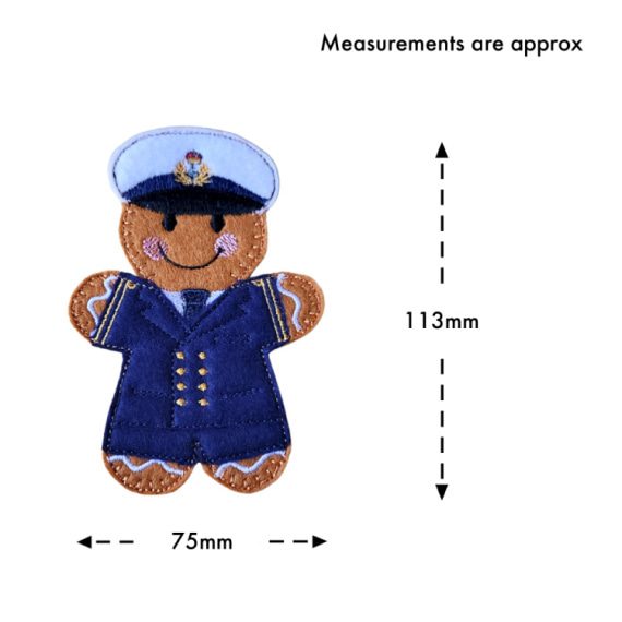 Naval Officer Gingerbread Character felt decoration, dressed in a navy-blue uniform with gold buttons and a white peaked cap, shown with approximate measurements of 113mm tall and 75mm wide.