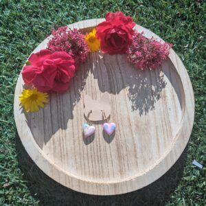 Handmade Gold Hoop Earrings with Pink Marbled Heart
