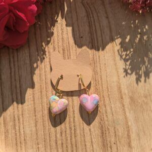 Handmade Gold Hoop Earrings with Pink Marbled Heart