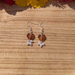 Autumn Leaf Earrings with White Beads – Handcrafted Jewelry