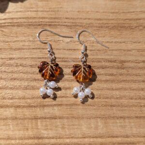 Autumn Leaf Earrings with White Beads – Handcrafted Jewelry