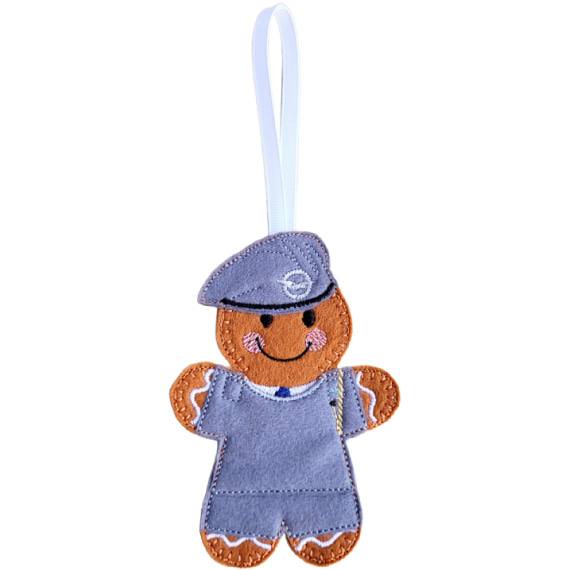 RAF Air Cadet Gingerbread Character hanging decoration, handmade from soft felt, wearing RAF Cadet uniform and embroidered beret badge, with a white ribbon loop for hanging.