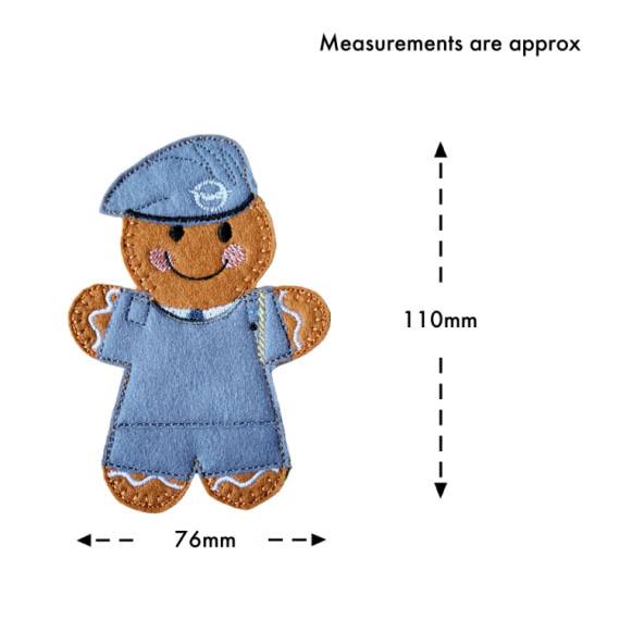 RAF Air Cadet Gingerbread Character handmade from soft felt, wearing RAF Cadet uniform and beret with embroidered badge, shown with approximate measurements of 110mm tall and 76mm wide.