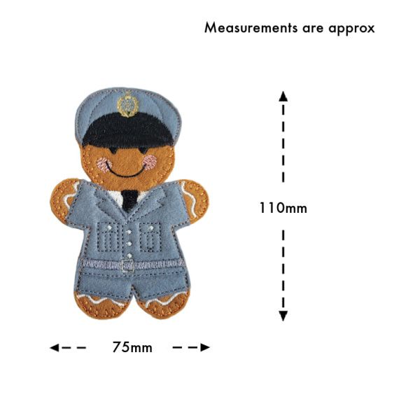 RAF Dress Uniform Gingerbread Character handmade from soft felt, wearing full RAF uniform with tailored jacket, trousers, tie, and peaked cap with embroidered gold emblem, shown with approximate measurements of 110mm tall and 75mm wide.