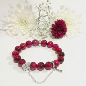 Rose Pink Tiger’s Eye Beaded Bracelet with 925 Silver Safety Chain and Crystal Pet Paw Bone Charm