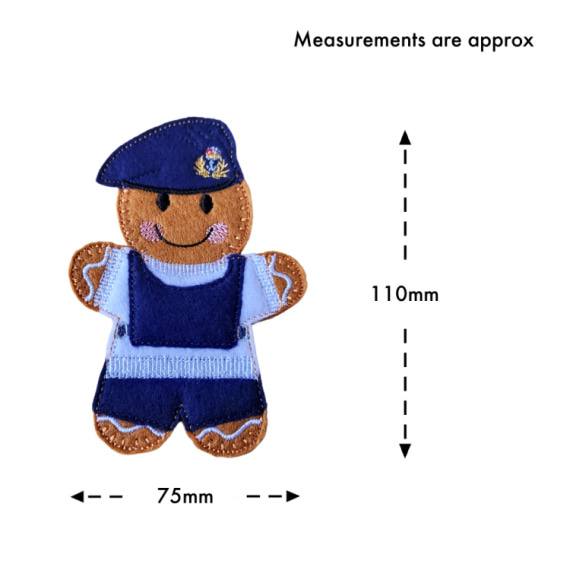 Royal Navy Submariner Gingerbread Character figure wearing a dark blue uniform with light blue details and a matching beret embroidered with an insignia. Approximate measurements are shown as 110mm tall by 75mm wide.