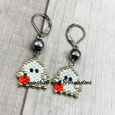 Silver Pumpkin Spooks - Handcrafted Bead work Earrings - Halloween Earrings - Drop Earrings - Brick Stitch - Bead work - Ghost Earrings - Cute Earrings - Cute Ghost Earrings - Alternative. - Image 3
