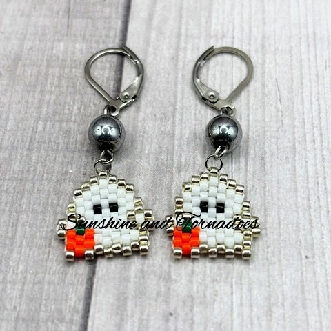 Silver Pumpkin Spooks - Handcrafted Bead work Earrings - Halloween Earrings - Drop Earrings - Brick Stitch - Bead work - Ghost Earrings - Cute Earrings - Cute Ghost Earrings - Alternative. - Image 2