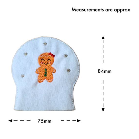 Smiling Gingerbread Girl tealight cover with embroidered design on white felt, product measurements 84mm x 75mm