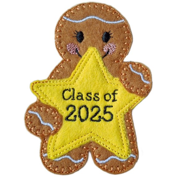 Handmade felt gingerbread character holding a yellow star with embroidered text ‘Class of 2025.’ Soft felt with stitched details, shown in plain finish.