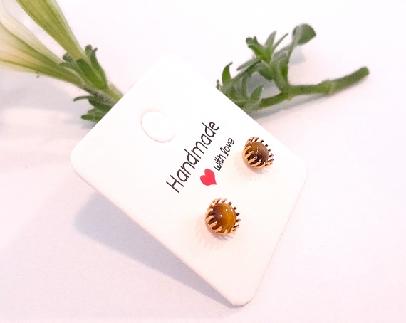 Tiger's eye flower studs tiny 5mm studs in 18k gold plated spiky boho flower cup alt view