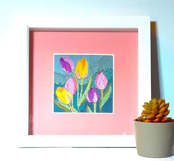 Tulips hand sewn silk embroidery with pink mount in a white box frame