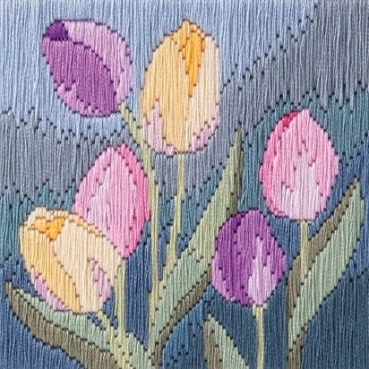 Hand Sewn Silk Embroidery Tulips in White Box Frame - Image 3