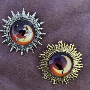 witch and mooncat as brooches
