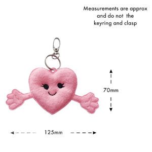 A pink felt heart pocket hug charm with a smiling face and outstretched arms, attached to a silver keyring and clasp. The image shows measurements of approximately 125mm wide and 70mm tall, not including the keyring and clasp.