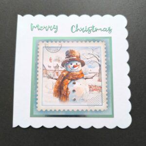 Scalloped Edge Christmas Card with Snowman Design – Turquoise Merry Christmas Die Cut