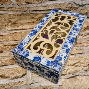 Hand Decorated Blue Flower Print Keepsake/Jewellery Box with Fretwork Design and Glass Lid