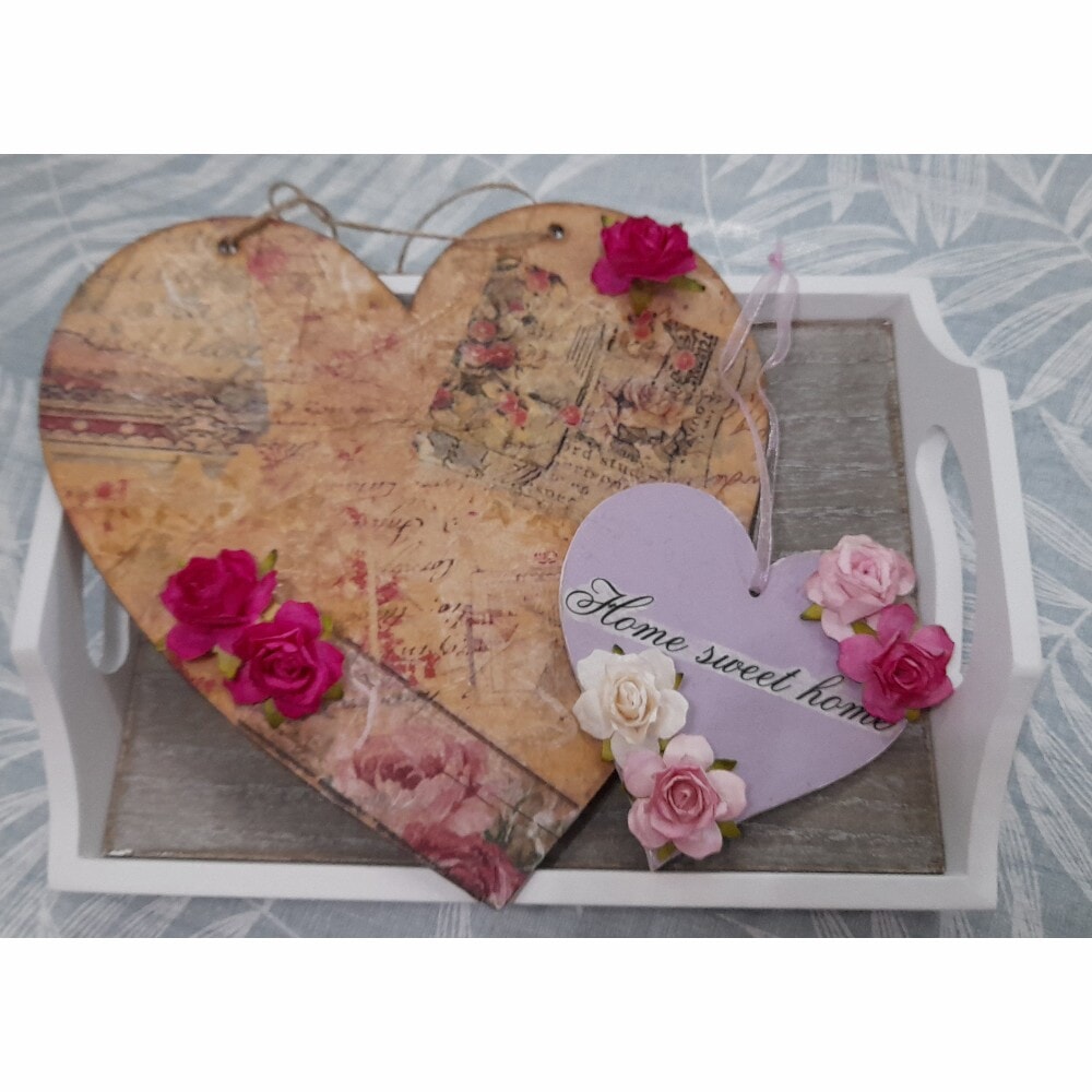 Set of 2 Vintage style Hanging Hearts, with paper flowers