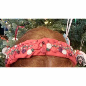 Red Headband with roses, leaves and beads, Hand embroidered