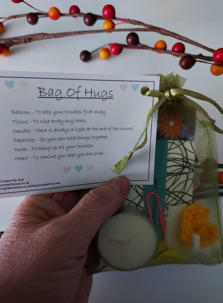 Picture shows bag and contents for the bag of hugs