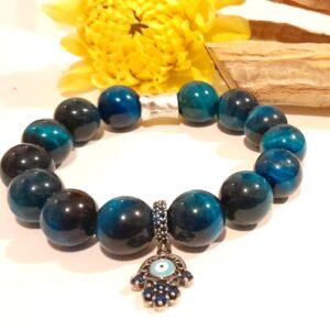 Blue tiger's eye 12mm bead stretch bracelet with cz hamsa hand