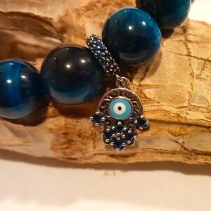 Blue tiger's eye 12mm bead stretch bracelet with cz hamsa hand