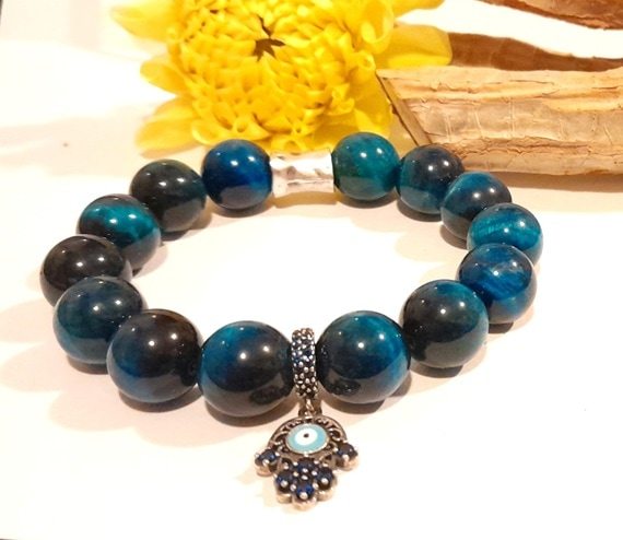 Blue tiger's eye 12mm bead stretch bracelet with cz hamsa hand