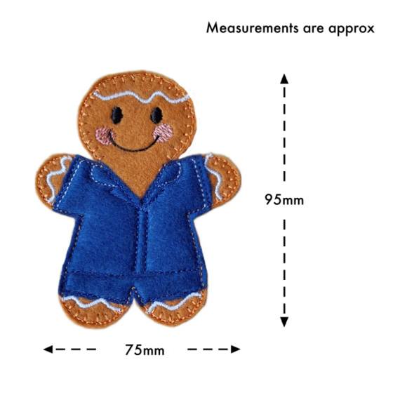 Carer gingerbread character in a navy blue uniform with measurements showing approximately 95mm tall and 75mm wide.