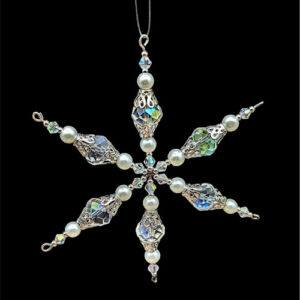 Hand Crafted Czech Crystal Beaded Snowflake Tree Ornament – Clear/Silver/White