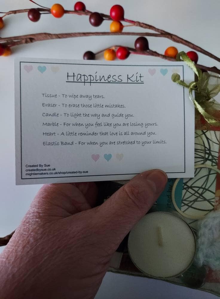 Picture shows close up of card on front of bag of contents for the Happiness kit
