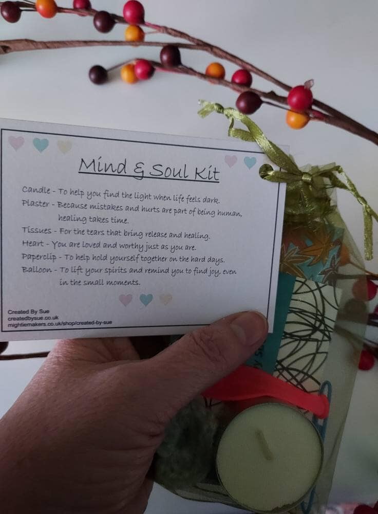 Mind and Soul Kindness bag showing display card and bag with contents