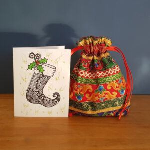 Mini Reusable Christmas Gift Bag – Metallic Tapestry Stripe Print, Eco Friendly Fabric Wrap