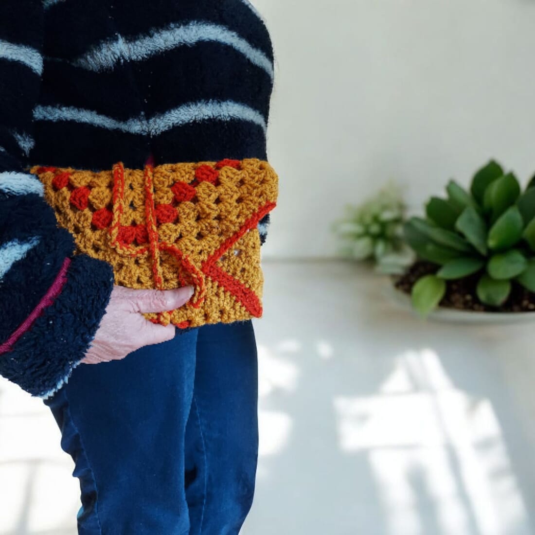 Crocheted Book Cosy in Mustard and Terracotta | Vegan Friendly - Image 2