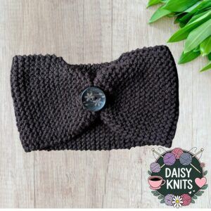 Hand Knitted Chunky Ear Warmer in Brown with Decorative Flower Button