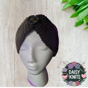 Hand Knitted Chunky Ear Warmer in Brown with Decorative Flower Button