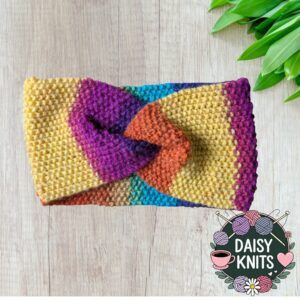 Hand Knitted Ear Warmer in Bright Multi Coloured Yarn