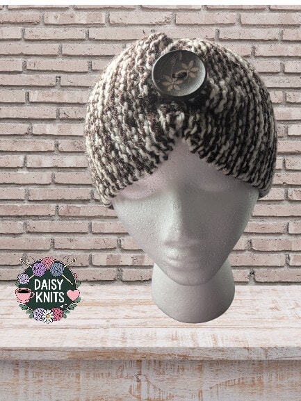 Hand Knitted Chunky Ear Warmer in Brown and Cream with Decorative Flower Button - Image 3
