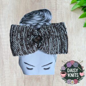 Hand Knitted Chunky Ear Warmer in Brown and Cream with Decorative Flower Button