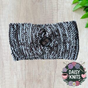 Hand Knitted Chunky Ear Warmer in Brown and Cream with Decorative Flower Button