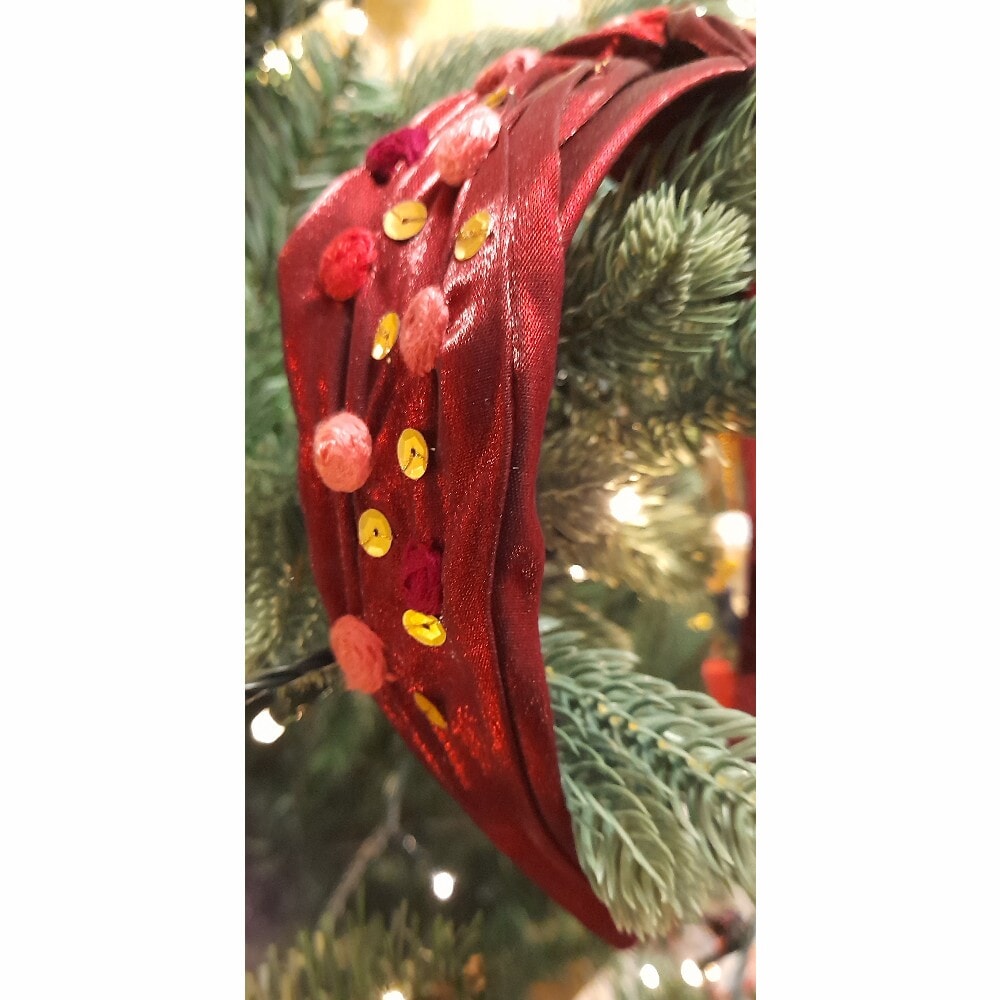 Burgundy Satin Headband with Hand embroidered Roses, Flowers and Sequins - Image 3