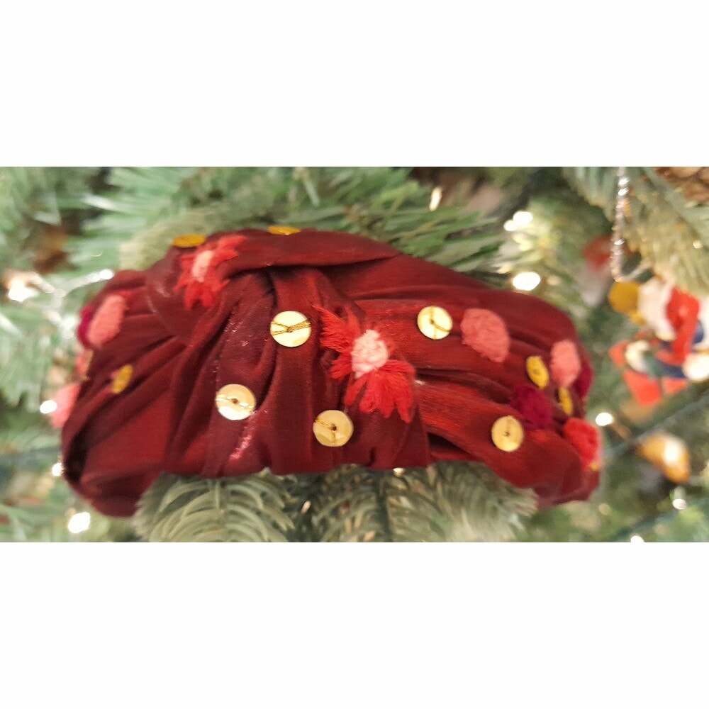 Burgundy Satin Headband with Hand embroidered Roses, Flowers and Sequins - Image 4