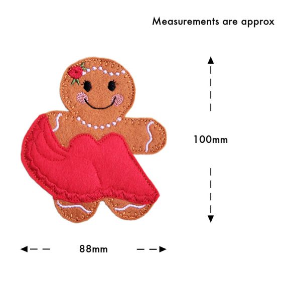 Felt gingerbread ballroom dancing lady with a red dress, pearl-style stitched necklace, and flower headpiece. Image shows approximate measurements of 100 mm tall and 88 mm wide.