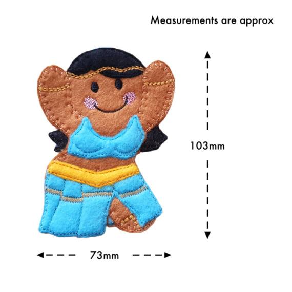 A smiling felt gingerbread belly dancer with raised arms, black hair, a turquoise stitched top, and a flowing turquoise skirt with a yellow belt, shown with approximate measurements of 103 mm tall and 73 mm wide.