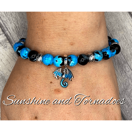 Blue Fire Agate Gemstone Bracelet with 925 Sterling Silver Plated Enamelled Dragon Charm.