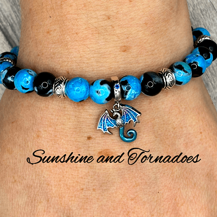 Blue Fire Agate Gemstone Bracelet with 925 Sterling Silver Plated Enamelled Dragon Charm. - Image 9