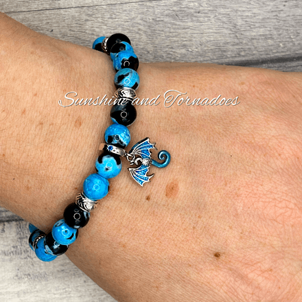 Blue Fire Agate Gemstone Bracelet with 925 Sterling Silver Plated Enamelled Dragon Charm. - Image 8