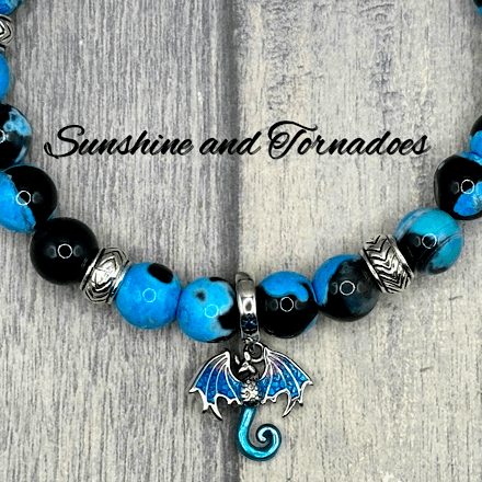 Blue Fire Agate Gemstone Bracelet with 925 Sterling Silver Plated Enamelled Dragon Charm. - Image 6