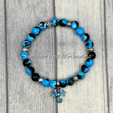 Blue Fire Agate Gemstone Bracelet with 925 Sterling Silver Plated Enamelled Dragon Charm. - Image 5